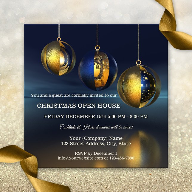 Invitación a la fiesta de los Navidades artísticos (An elegant modern Christmas Holiday invitation featuring gold metallic with blue Christmas baubles)