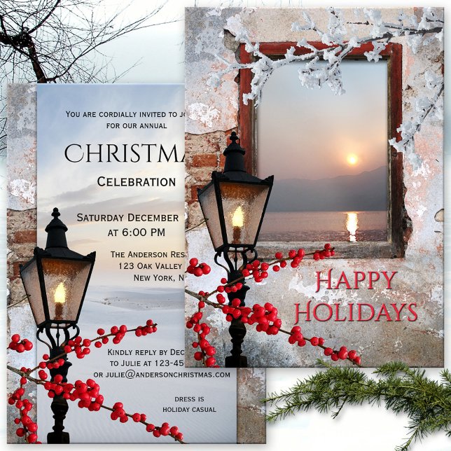 Invitación a la fiesta de los Navidades de inviern (A bohemian chic rustic winter or Christmas party invitation with antique lantern)