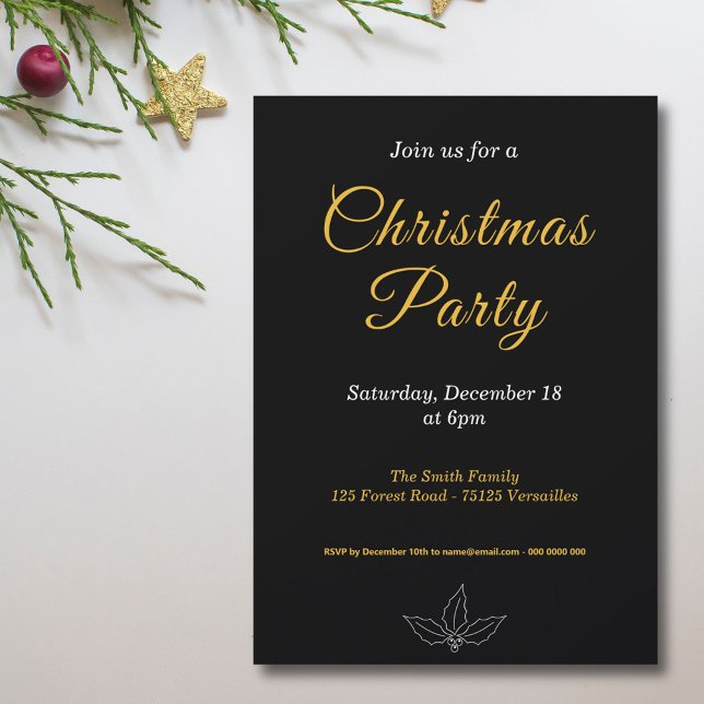 Invitación a la fiesta de los Navidades Minimalist (Black & Gold Minimalist Christmas Party Invitation)