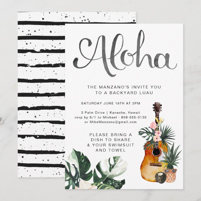 Invitación a la fiesta de Luau de verano Aloha (Anverso / Reverso)