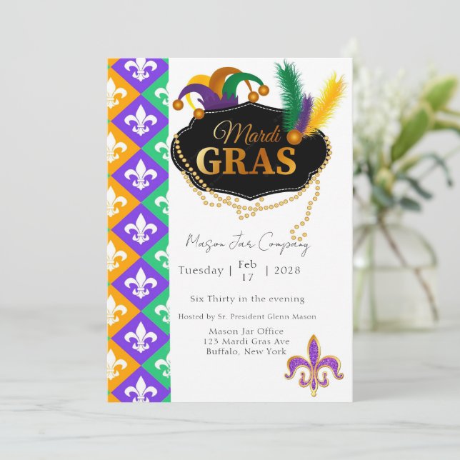 Invitación a la fiesta de Mardi Grass Fleur de Lis (Anverso de pie)