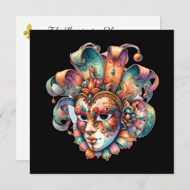 Invitación a la fiesta de mascarada Mardi Gras (Anverso / Reverso)