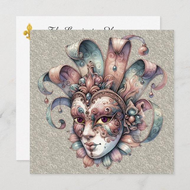 Invitación a la fiesta de mascarada Mardi Gras (Anverso / Reverso)