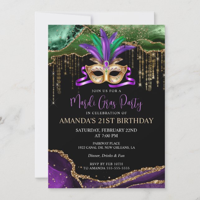 Invitación a la fiesta de mascarada Mardi Gras (Anverso)