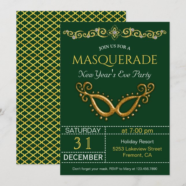 Invitación a la fiesta de máscaras de Año Nuevo (Anverso / Reverso)