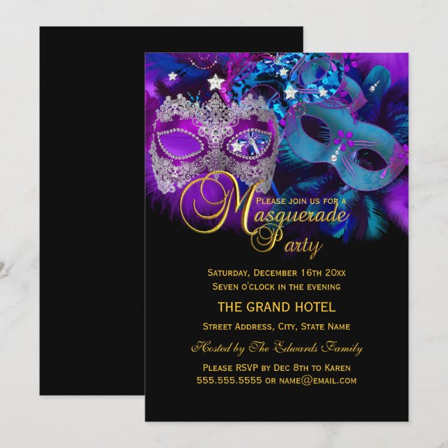 Invitación a la fiesta de máscaras de disfraz de r (Anverso / Reverso)