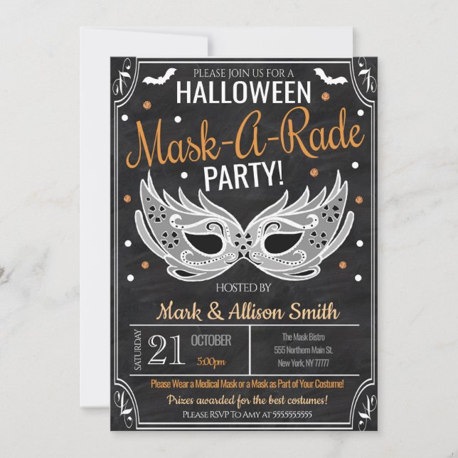 Invitación a la fiesta de máscaras de Halloween (Anverso)