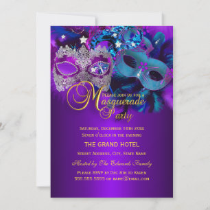 Invitación a la fiesta de máscaras púrpura y azul