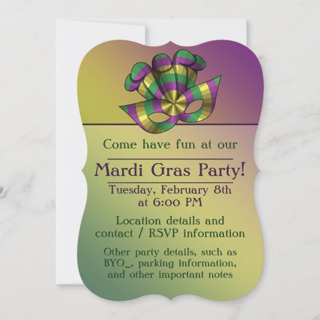 Invitación a la fiesta de mascarilla de Mardi Gras (Anverso)