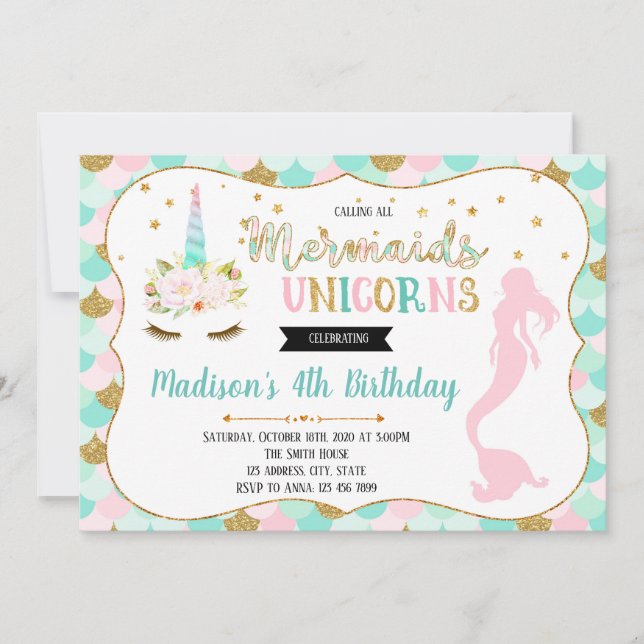 Invitación a la fiesta de mermaid unicorn (Anverso)