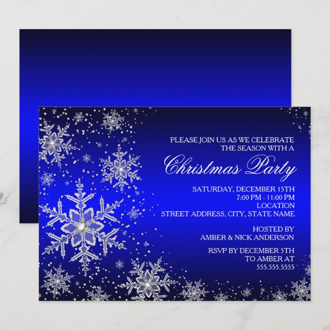 Invitación a la fiesta de Navidad azul copo de nie (Anverso / Reverso)