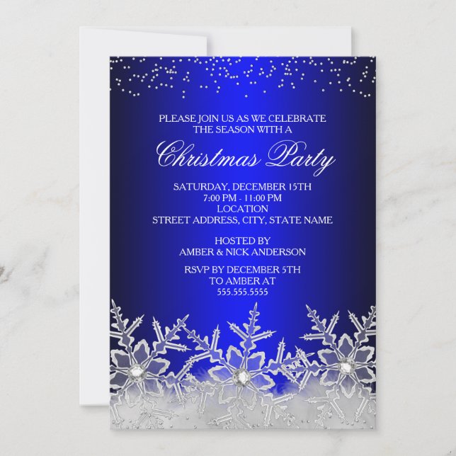 Invitación a la fiesta de Navidad azul de copo de  (Anverso)