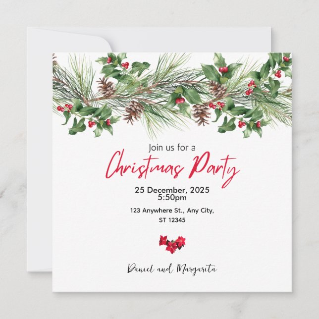 Invitación a la fiesta de Navidad con acuarela roj (Anverso)