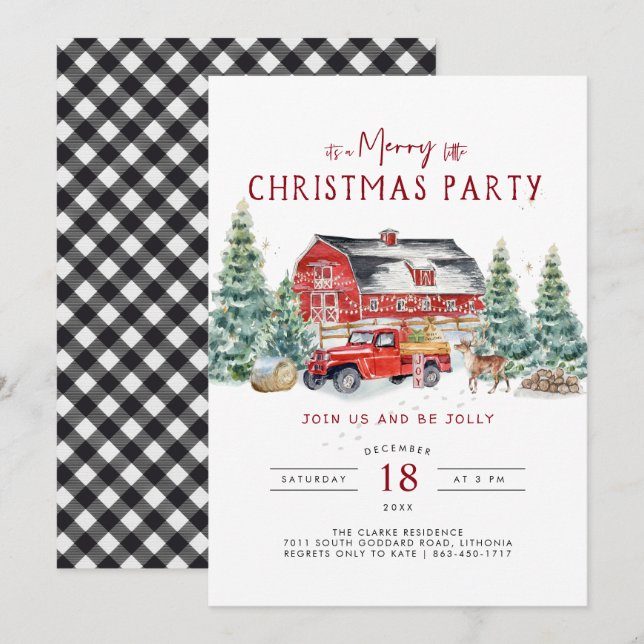 Invitación a la fiesta de Navidad con camión rojo  (Anverso / Reverso)