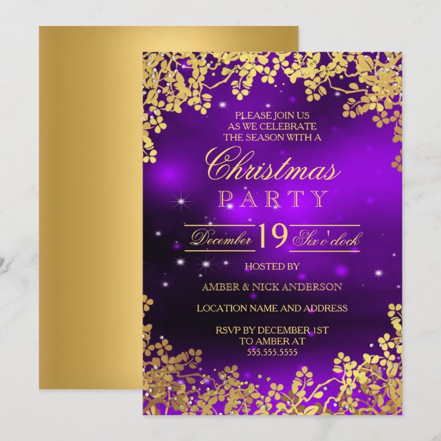 Invitación a la fiesta de Navidad con corona de or (Anverso / Reverso)