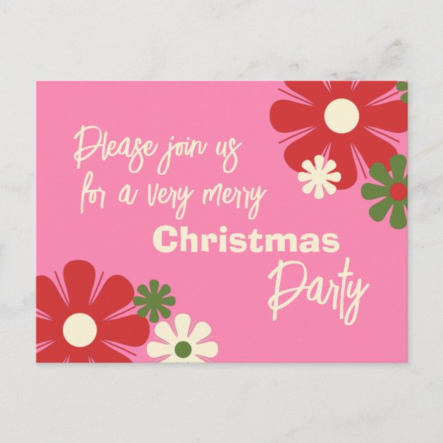 Invitación a la fiesta de Navidad con flores rosad (Anverso)