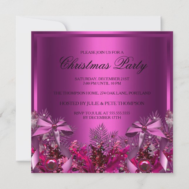 Invitación a la fiesta de Navidad con follaje rosa (Anverso)
