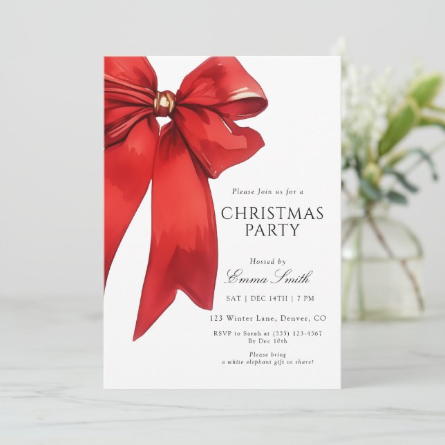 Invitación a la fiesta de Navidad con lazo rojo ac (Anverso de pie)