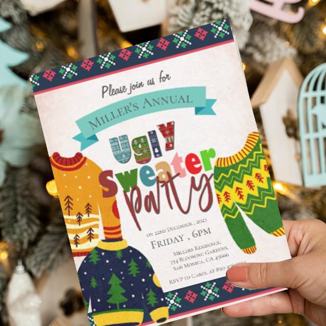 Invitación a la fiesta de Navidad con patrón de su (Ugly Sweater Pattern Christmas Party Invitation Postcard)