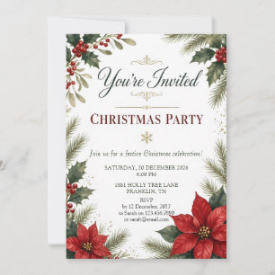 Invitación a la fiesta de Navidad con poinsettia y