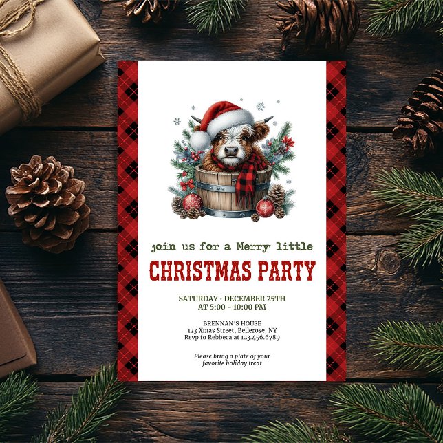 Invitación a la fiesta de Navidad con rama de pino (Highland cow pine branch Christmas party invite)