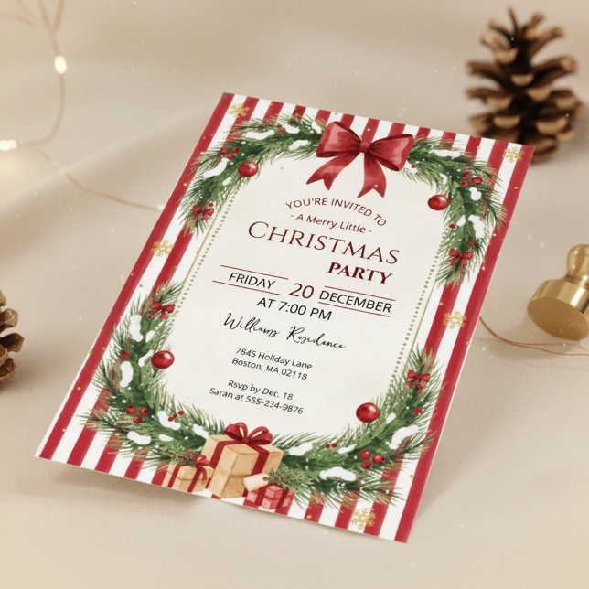 Invitación a la fiesta de Navidad con rayas de bas (Striped Christmas Card)