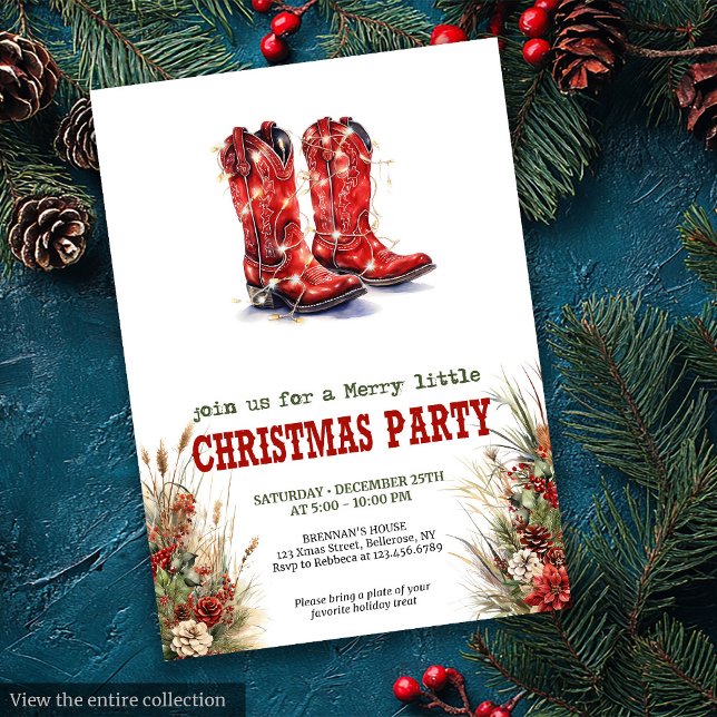 Invitación a la fiesta de Navidad con sombrero y b (Cowboy Hat and Boots Christmas Party Invite)