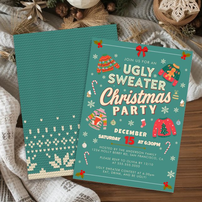 Invitación a la fiesta de Navidad con suéter feo d (Retro teal ugly sweater Christmas party invitation with knit pattern and festive holiday decor.)