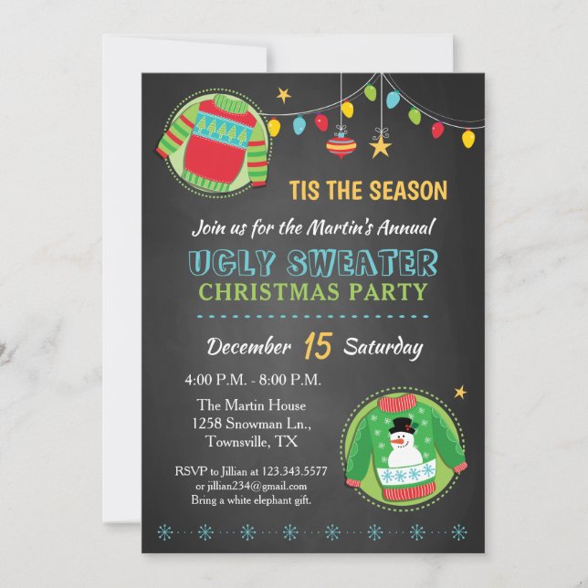 Invitación a la fiesta de Navidad con suéter feo d (Anverso)