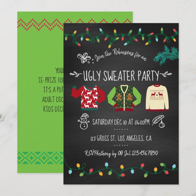 Invitación a la fiesta de Navidad con suéter feo e (Anverso / Reverso)