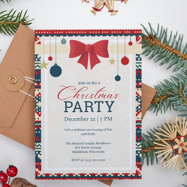 Invitación a la fiesta de Navidad con tejido nórdi (Subido por el creador)