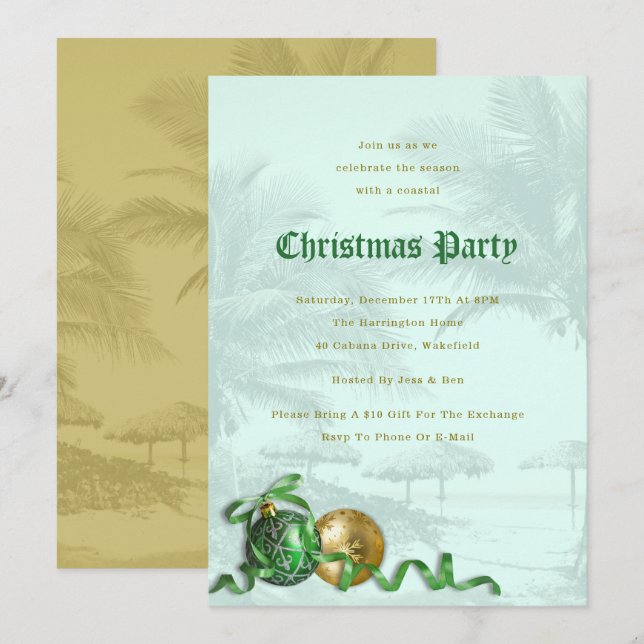 Invitación a la fiesta de Navidad costera con palm (Anverso / Reverso)