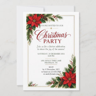 Invitación a la fiesta de Navidad de acebo y poins