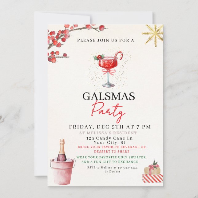 Invitación a la fiesta de Navidad de chicas (Anverso)