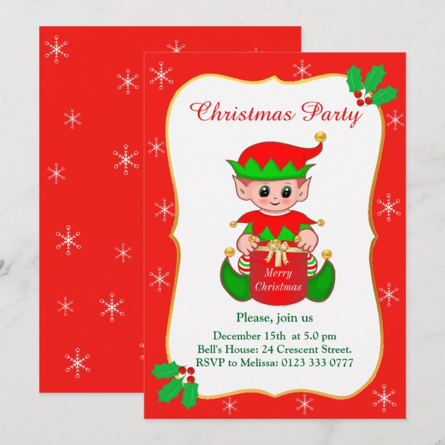 Invitación a la fiesta de Navidad de duende lindo  (Anverso / Reverso)