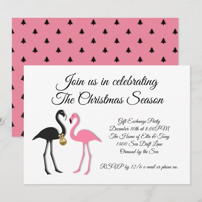 Invitación a la fiesta de Navidad de flamencos neg (Anverso / Reverso)