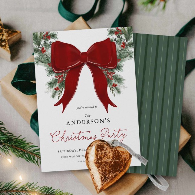 Invitación a la fiesta de Navidad de follaje inver (Red Bow and Wreath Christmas Party Invitation)