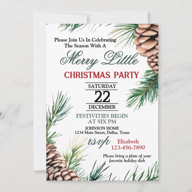 Invitación a la fiesta de Navidad de hoja perenne  (Anverso)
