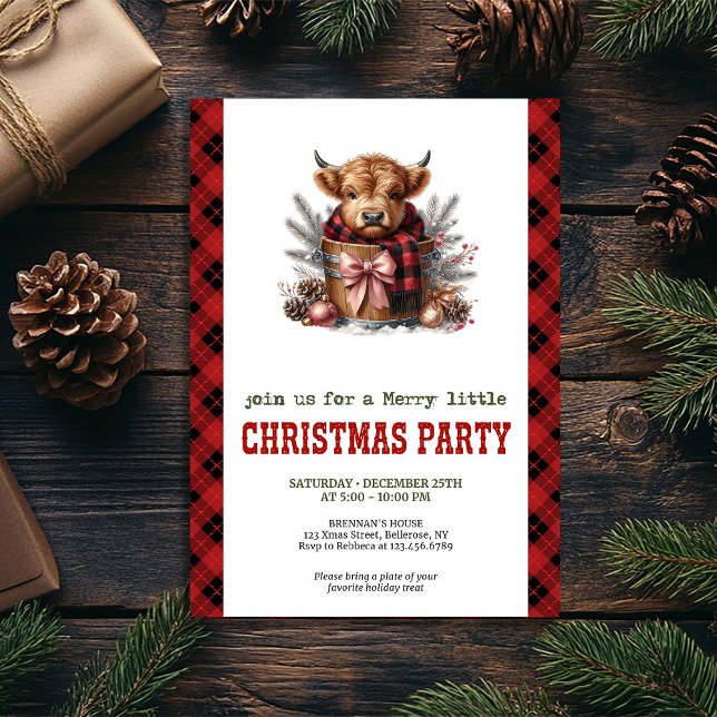 Invitación a la fiesta de Navidad de la vaca de la (Country highland cow Christmas party invitation)