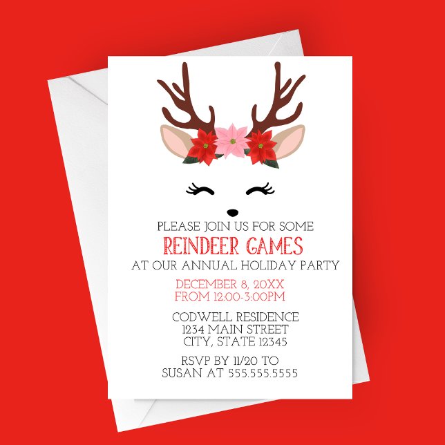 Invitación a la Fiesta de Navidad de Reindeer Game (Reindeer Games Minimalist Holiday Party Invitation | Deer with Flower Crown | Christmas Party)