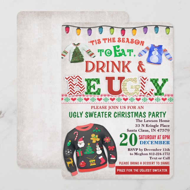 Invitación a la fiesta de Navidad de suéter feo (Anverso / Reverso)