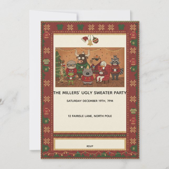 Invitación a la fiesta de Navidad de suéter feo (Anverso)