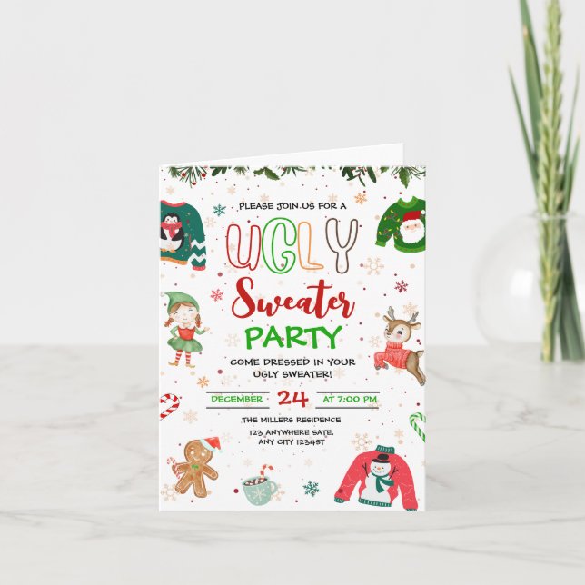 Invitación a la fiesta de Navidad de suéter feo, N (Anverso)