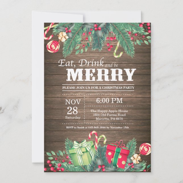 Invitación a la fiesta de Navidad en madera rústic (Anverso)