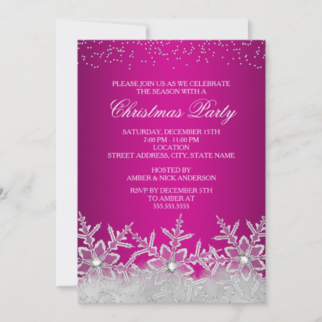 Invitación a la fiesta de Navidad Hot Pink de copo (Anverso)