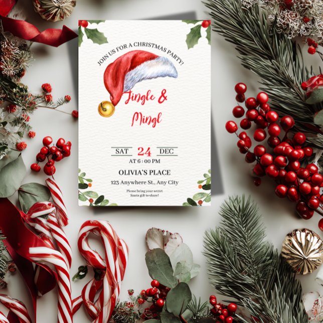 Invitación a la Fiesta de Navidad Jingle & Mingle ("Jingle, Mingle & Swap Gifts! 🎄 The perfect, customizable invite for your Friendsmas & Secret Santa)