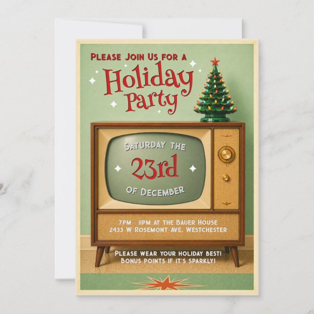 Invitación a la fiesta de Navidad Retro TV Holiday (Anverso)