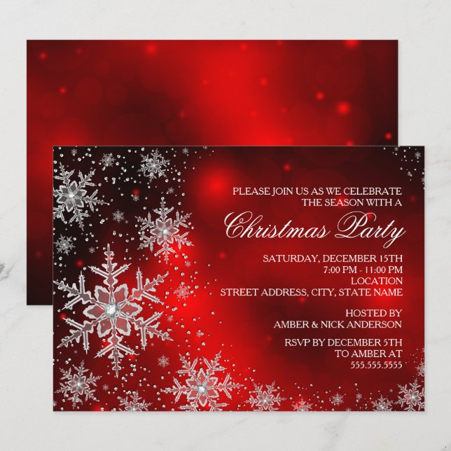 Invitación a la Fiesta de Navidad Roja Copo de Nie (Anverso / Reverso)
