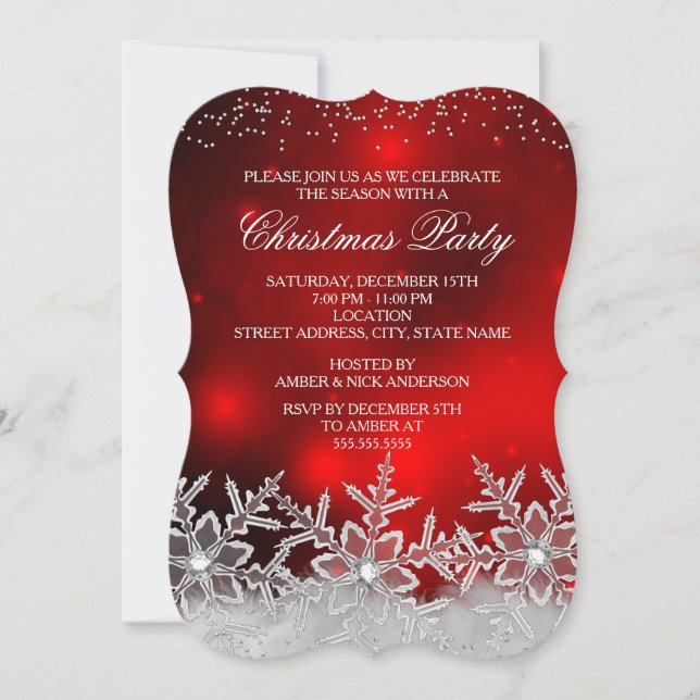 Invitación a la fiesta de Navidad roja de copo de  (Anverso)