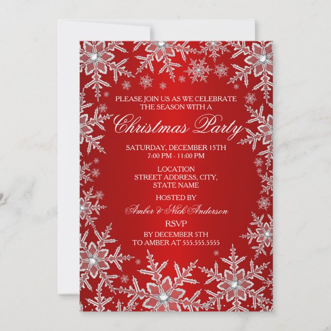 Invitación a la fiesta de Navidad roja de copo de  (Anverso)